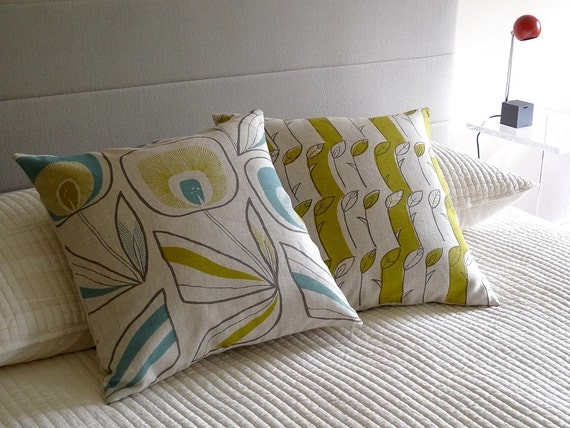 Ani windflower linen pillow cover (blue/green) 18x18
