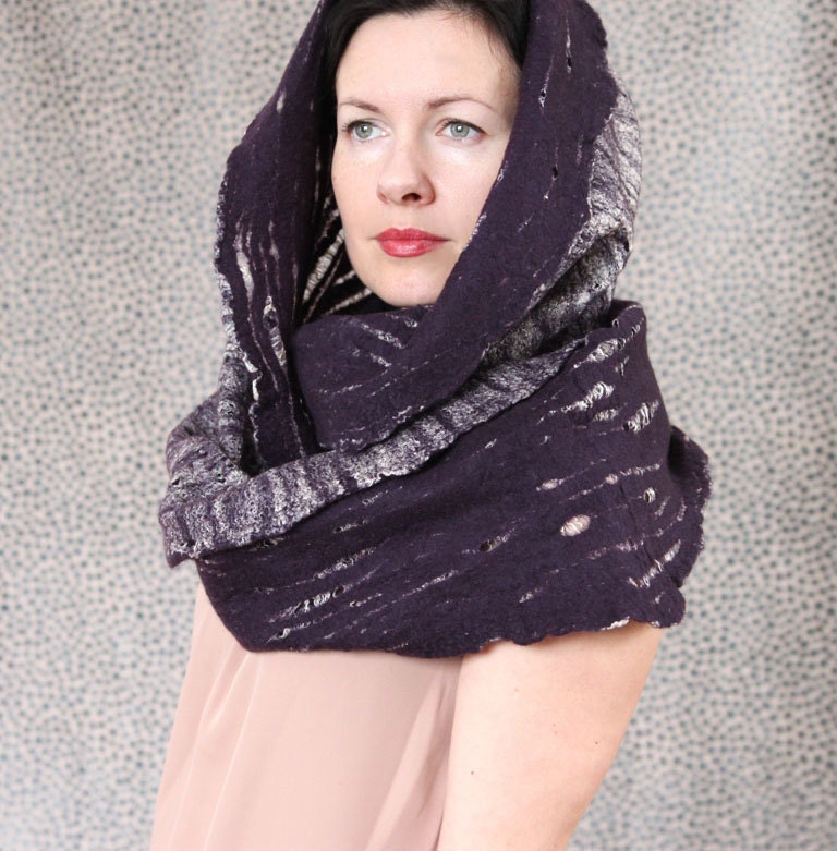 Merino wool felted scarf infinity cowl hood cobweb wrap circle neck warmer - Ready to ship now