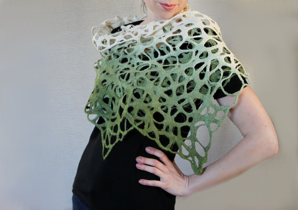 Ombre felted silk wool scarf lace wrap - ready to ship - aureliaLT