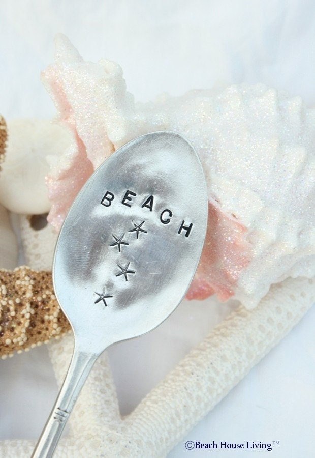 Antique beach and starfish silverware garden marker sign recycled wedding favor gift tag