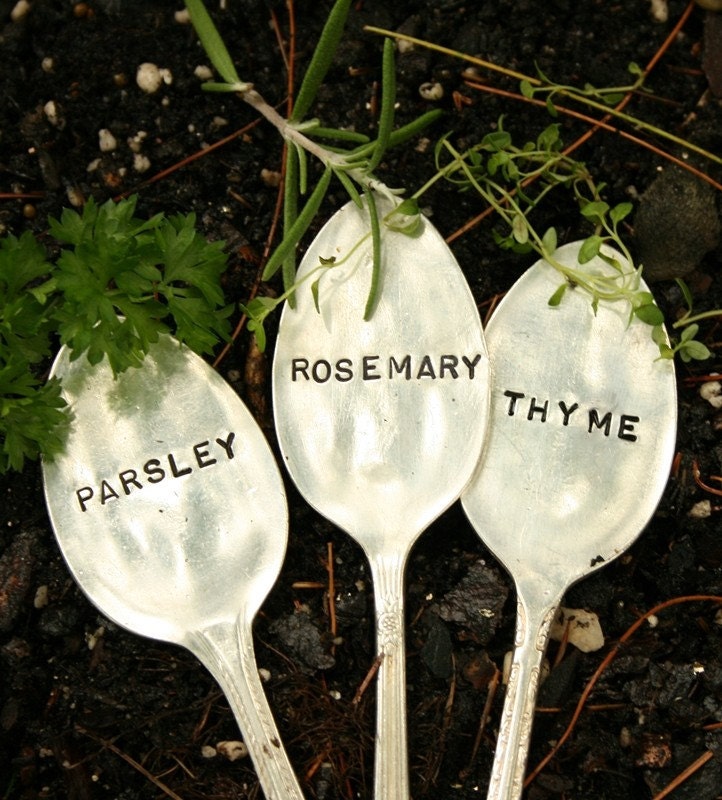 Recycled Silverware Garden Markers  Set of 3  Parsley Rosemary Thyme silver plated flatware beach house living etsy
