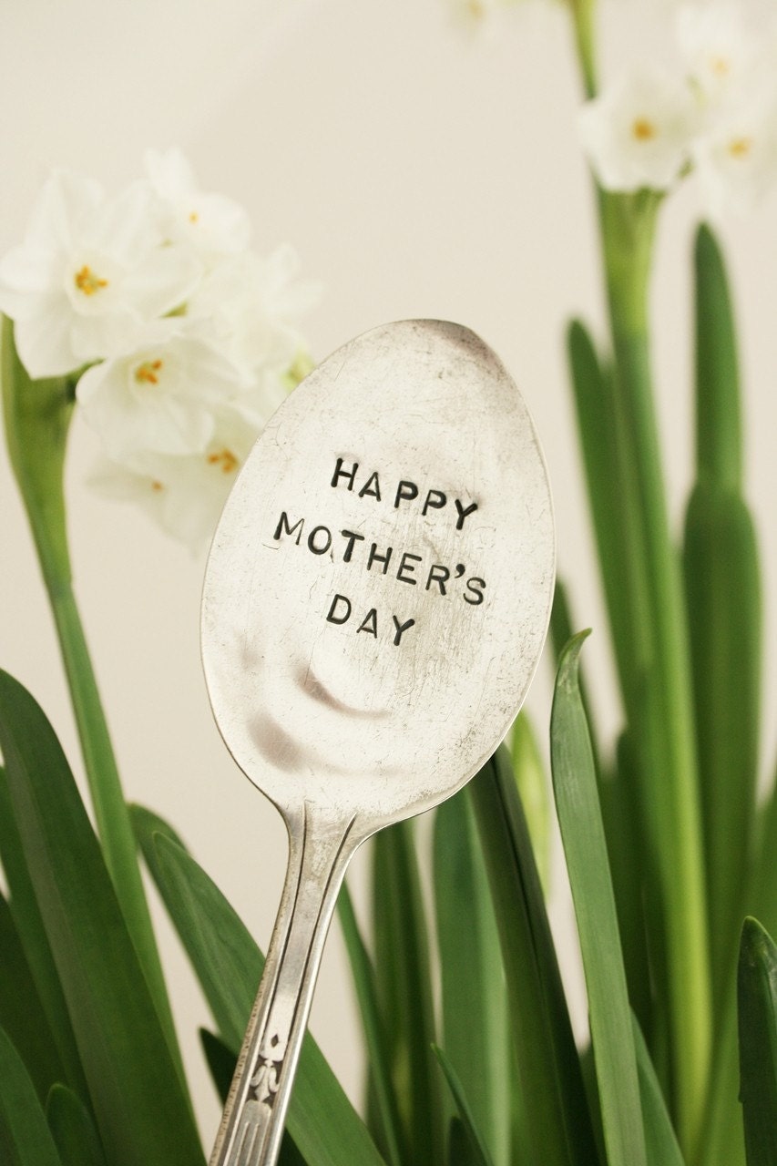 Happy Mothers Day sign Rustic hand stamped vintage silver plated spoon,