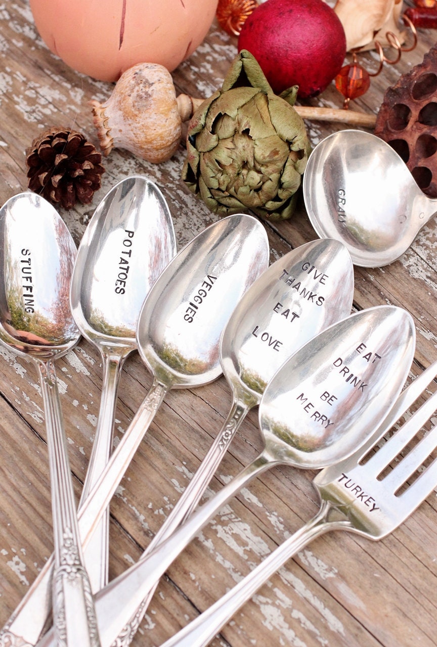 Hand Stamped Holiday  Spoons Fork and Ladle Set 7 piece. Christmas or Thanksgiving Serving Set  Silver Plated
