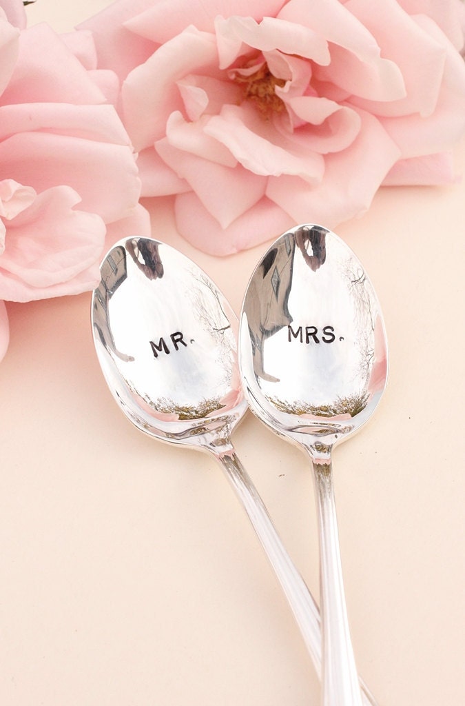 Mr. Mrs. Spoons: Hand Stamped Wedding Silverware Coffee Spoons Silver Plated 1985 Enchantment New