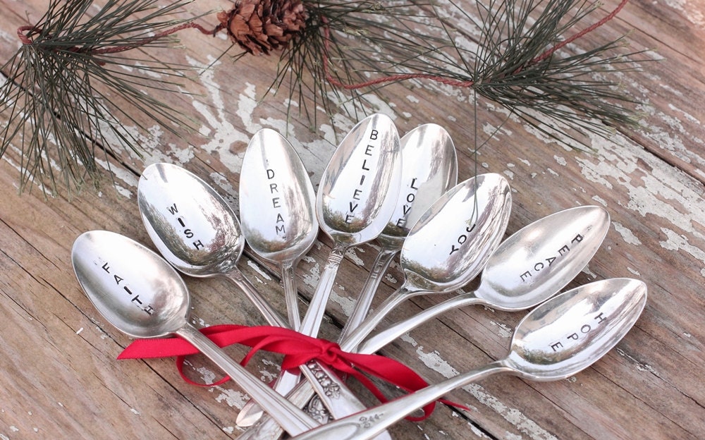 Inspirational Spoons. 8 Christmas Spoons  Believe Dream Faith Hope Joy Love Peace Wish  Rustic Shabby