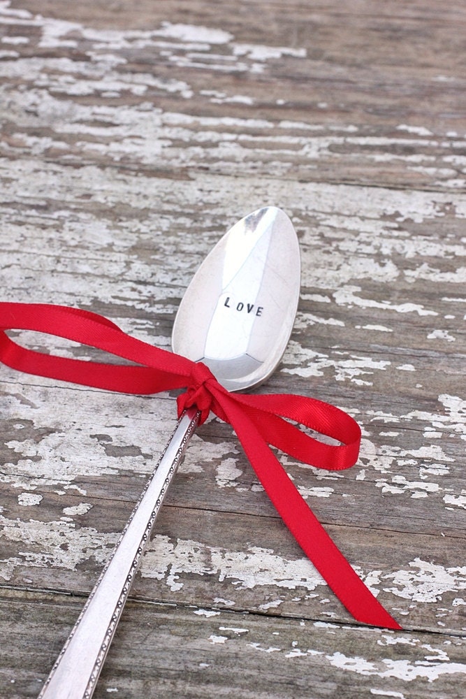 Love Spoon. Hand Stamped Vintage Flatware. Valentines Day Utensils