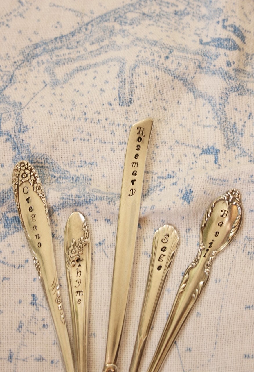 Herb Garden Stakes  Set of 5 seedling markers vintage silver plated silverware by beachhouseliving etsy