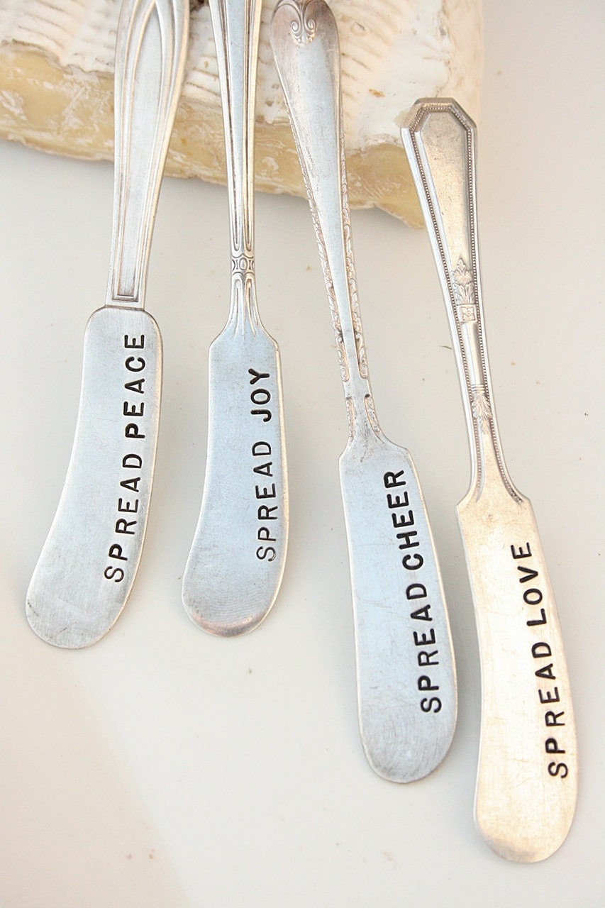 Vintage hand stamped cheese or jam spreaders spread love joy peace cheer recycled silver plated flatware silverware