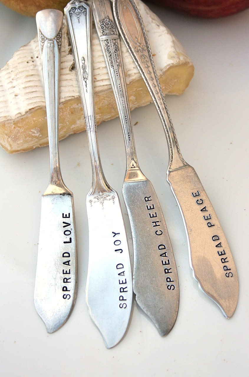 Hand stamped cheese or jam spreaders spread love joy peace cheer recycled vintage silver plated flatware silverware