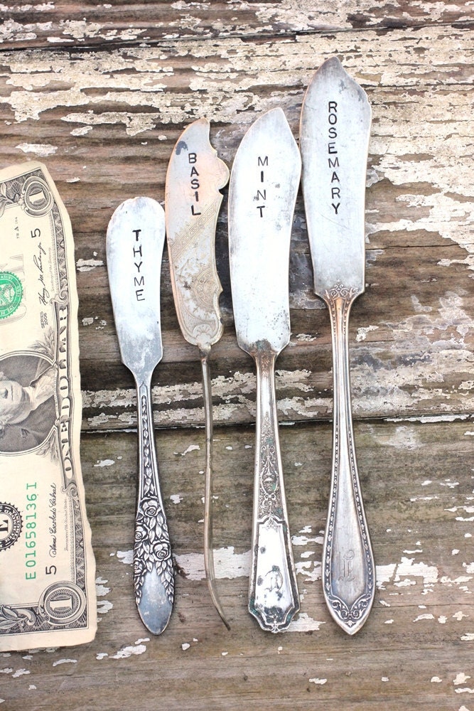 Silverware Herb Garden Markers Rustic Set of 4 with hand stamped muslin bag. OOAK