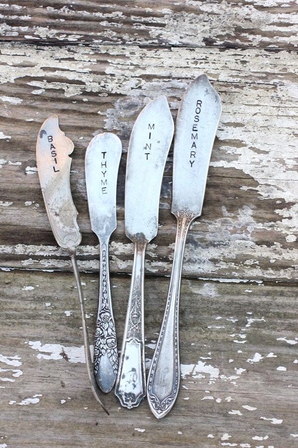 Silverware Herb Garden Markers Rustic Set of 4 with hand stamped muslin bag. OOAK