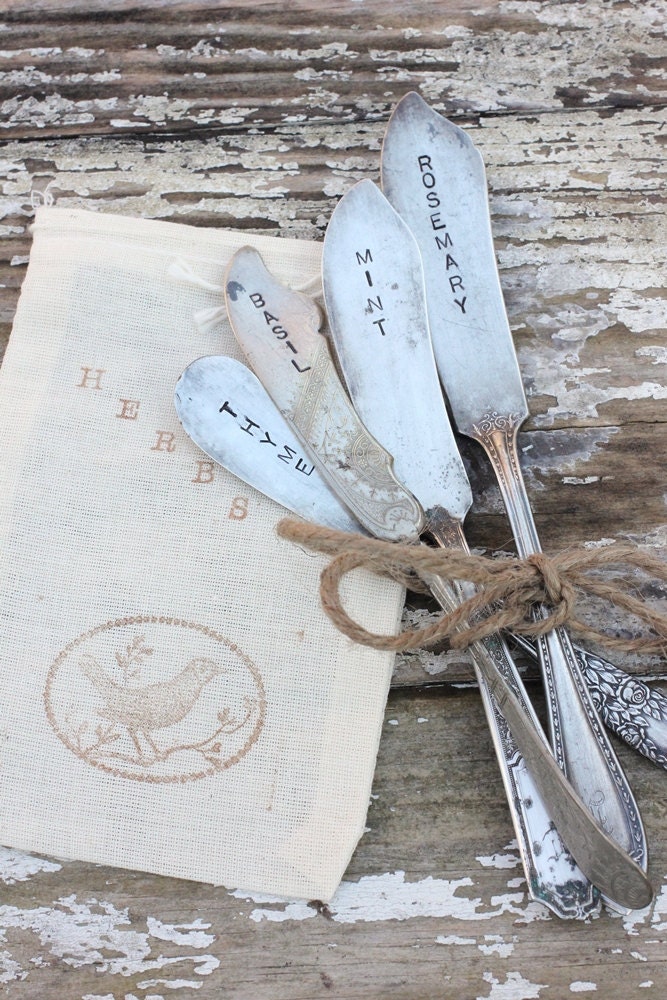 Silverware Herb Garden Markers Rustic Set of 4 with hand stamped muslin bag. OOAK