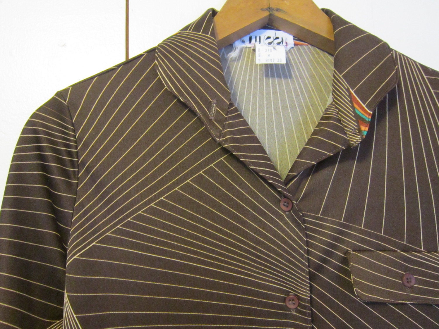 1970s Abstract Disco Blouse / Brown Geo Line design / m