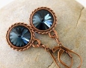 Swarovski Rivoli Earrings,  Montana Blue, Rivoli Crystals, Antique Copper Earrings, Copper Leverbacks