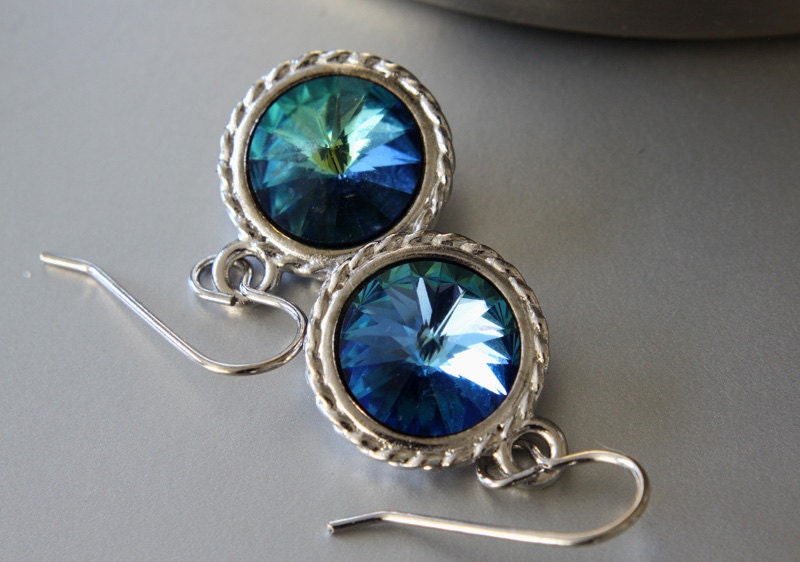 Swarovski Rivoli Earrings, Bermuda Blue Rivoli Crystals, Rhodium Plated Earrings, French Earwires