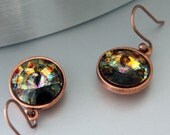 Rivoli Swarovski Earrings, Peacock Pattern Color, Antique Copper Earrings, Copper French Earwires