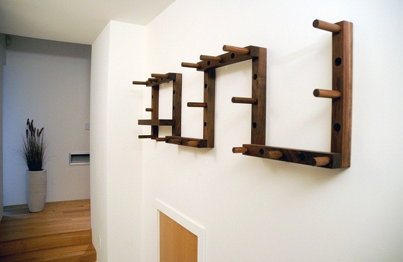 THRU-BLOCK Walnut Coat Rack - 9 Piece Set with Key/Wallet Shelf