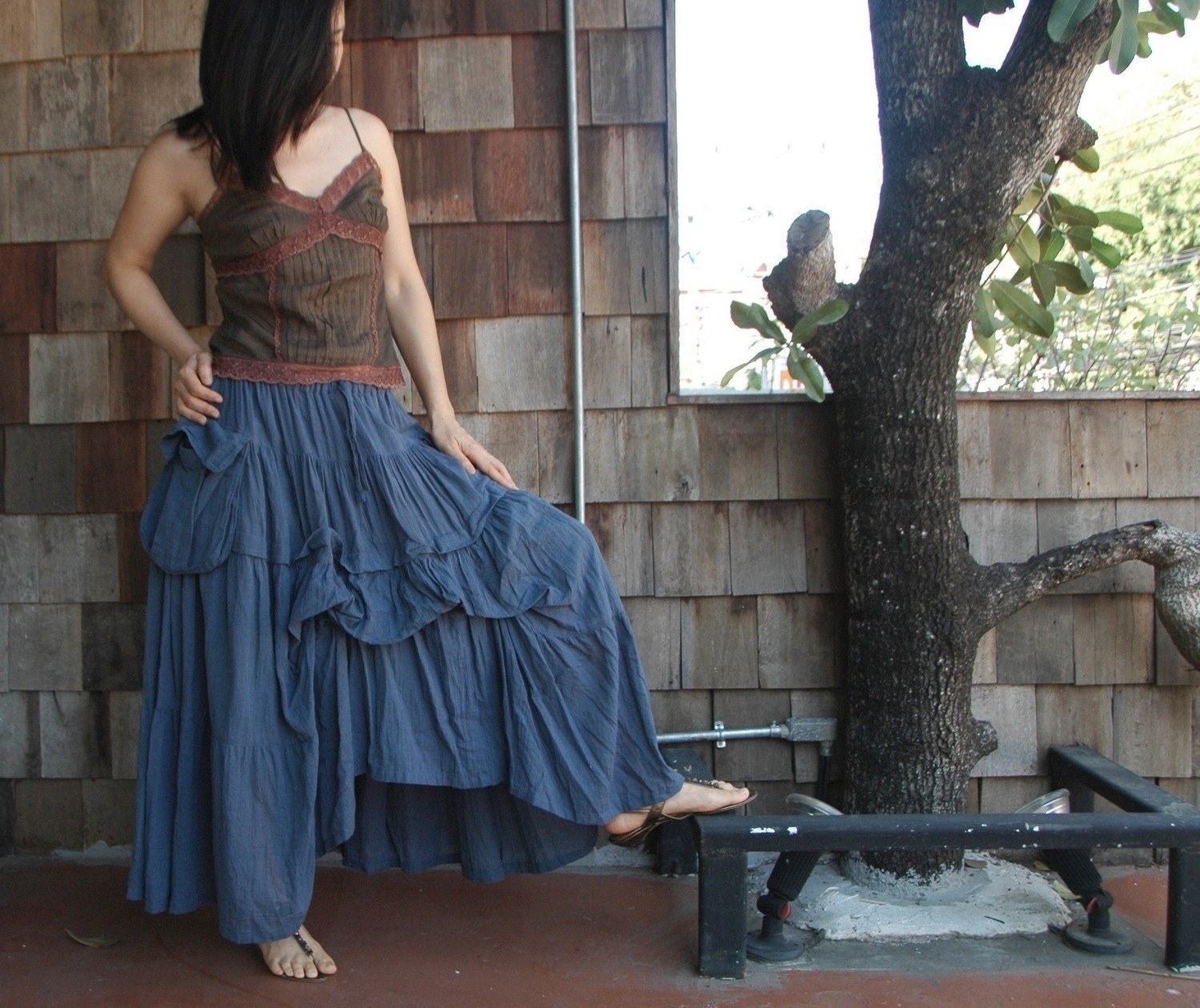 Take Me To Your Heart ... Steampunk Short Front/ Long back Tiered Blue Cotton Skirt With 2 Roomy Pockets