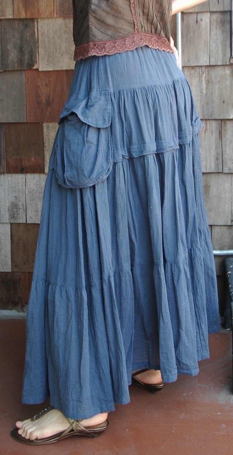 Take Me To Your Heart ... Steampunk Short Front/ Long back Tiered Blue Cotton Skirt With 2 Roomy Pockets