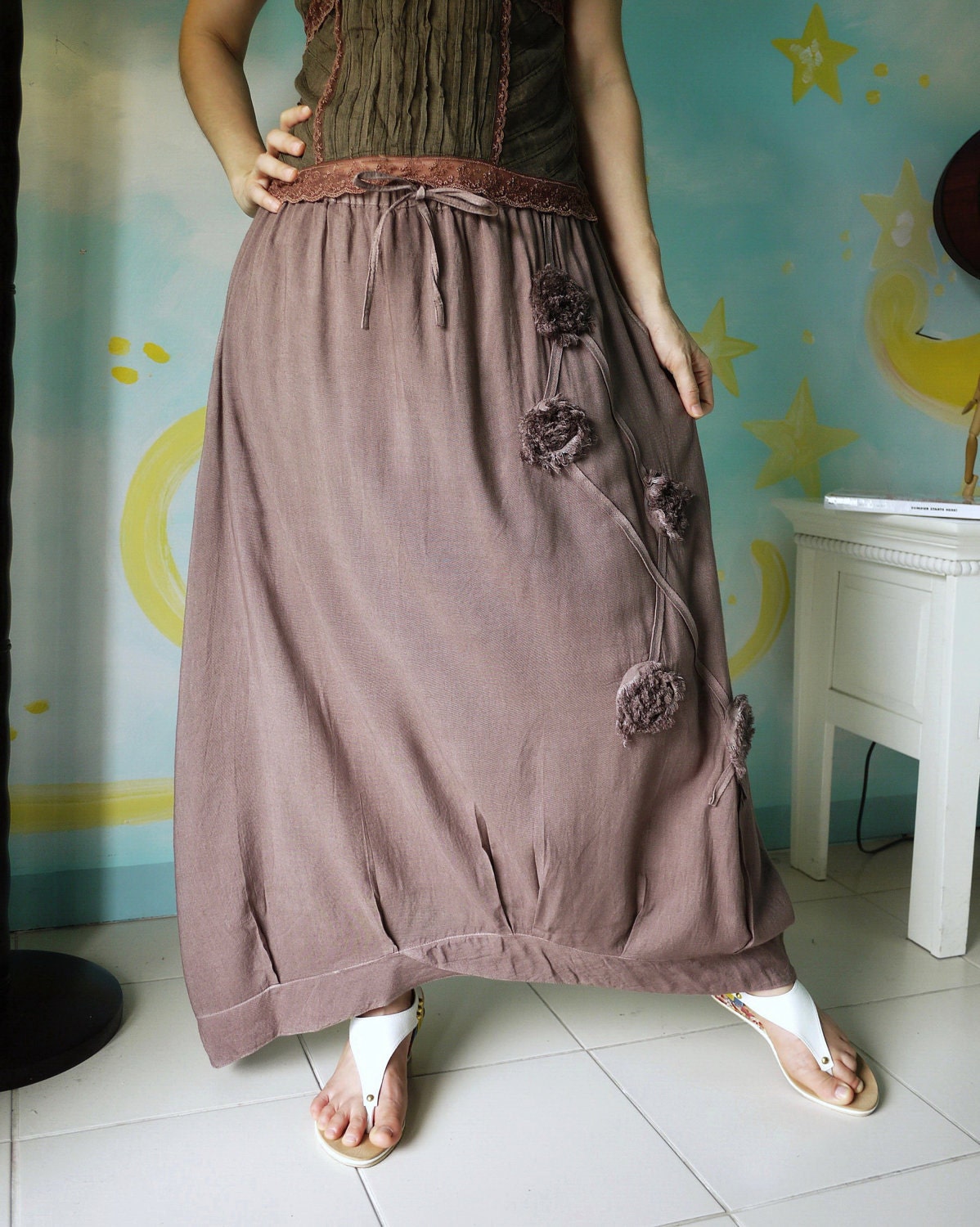Funky Blossom...Floral Applique Hand Dyed Cocoa Brown Cotton Mix Viscose Skirt