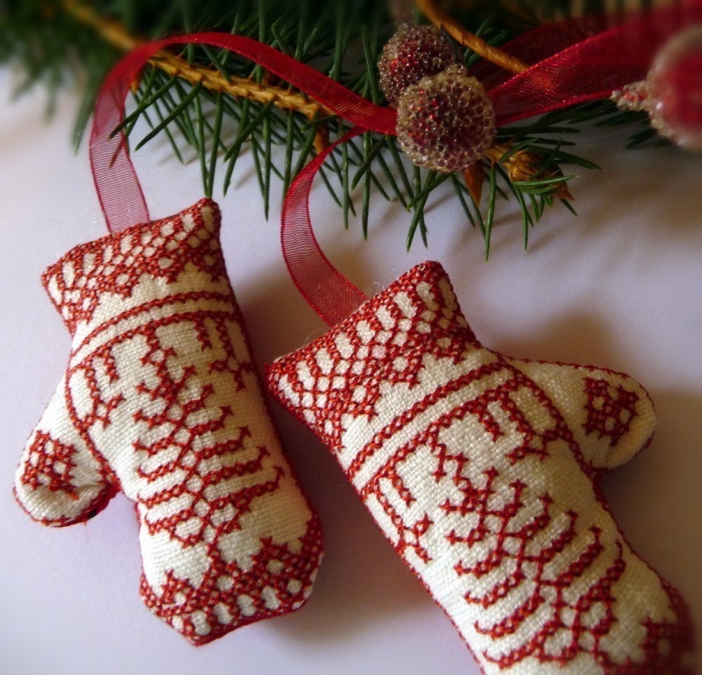 Pair of Redwork Nordic Embroidered Mittens Christmas Ornament
