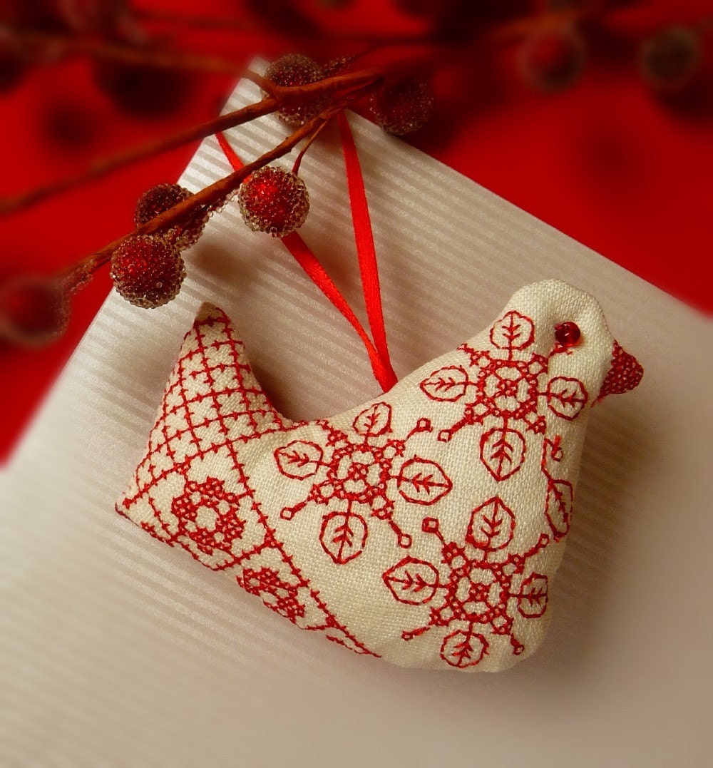 Folk Art Bird Linen Christmas Ornament