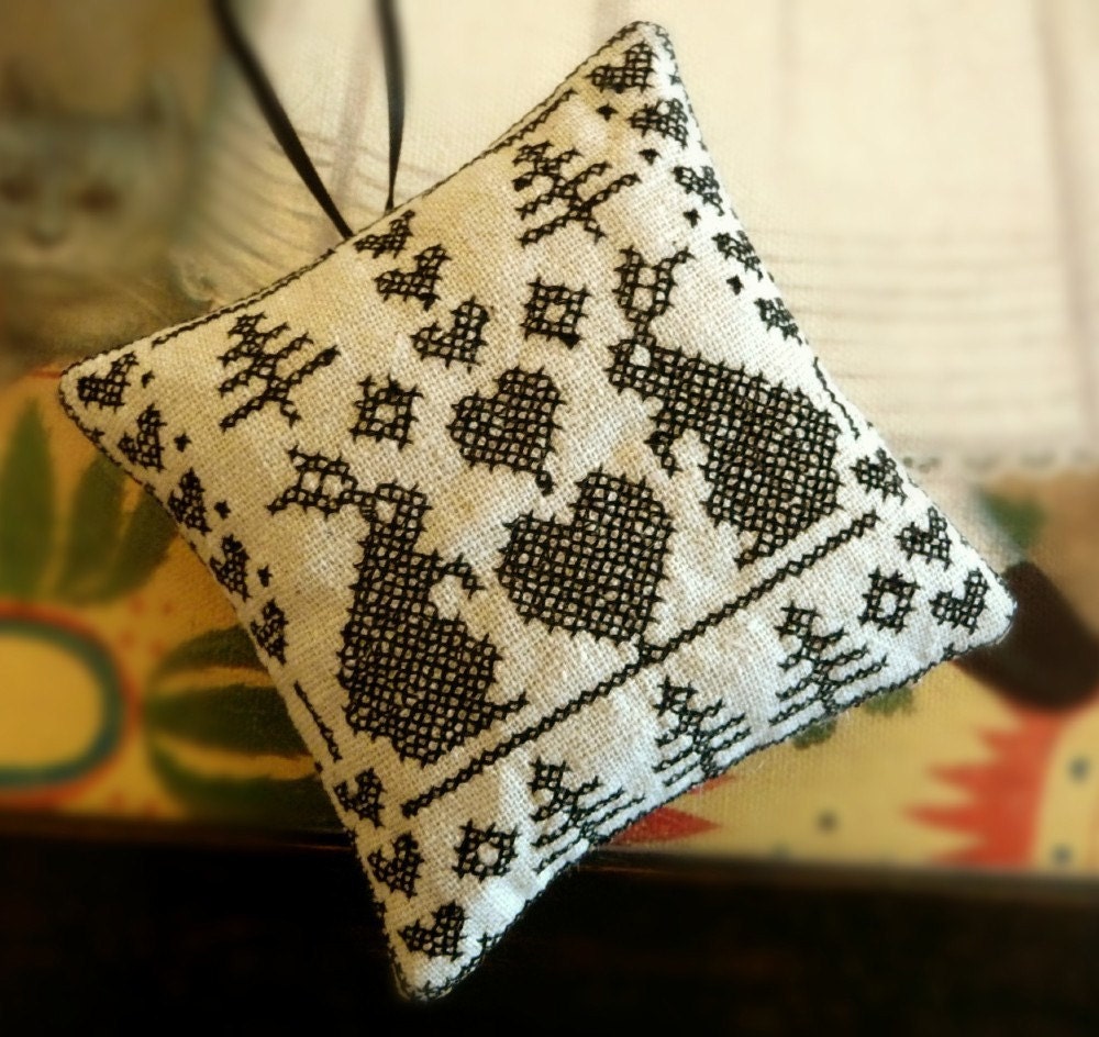 Blackwork Rabbits and Hearts Ornament