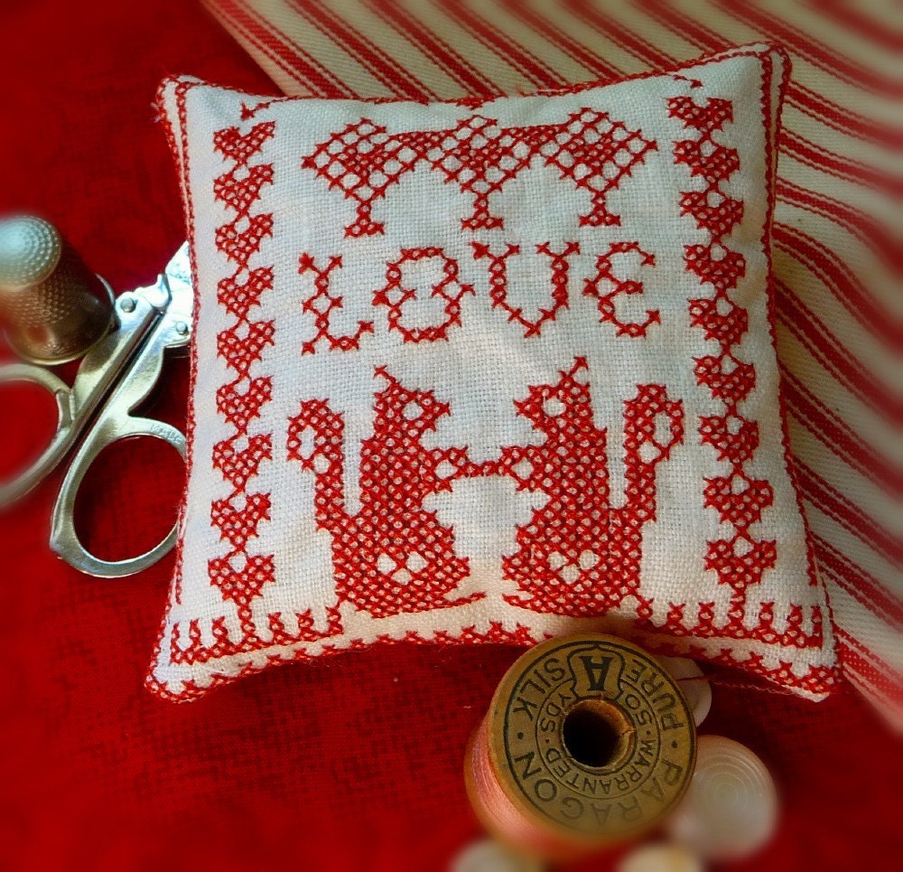 Redwork Embroidered Squirrels Linen Pincushion