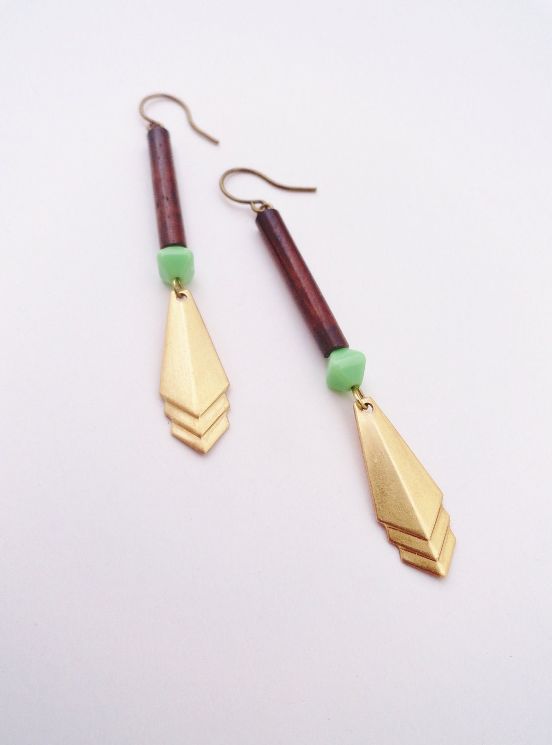 30% OFF COUPON SALE - The Warrior - Brass, Mint Glass and Wood Earrings