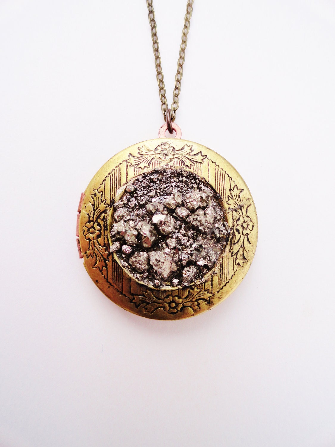 30% OFF COUPON SALE - Starry Night. Crushed Raw Pyrite and Brass Locket