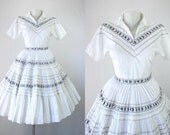 40s 50s Dress Vintage Patio DressSet Bogart Label Squaw Blouse Skirt Circle 240" White Black Silver Metal Zip Rockabilly 40s 1950s Dresses