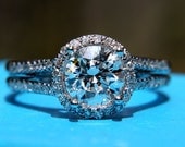 HALO Split shank Round Diamond Engagement Ring - 1.10 carats - 14K White Gold - Antique Style - Pave - weddings - brides - Bp003