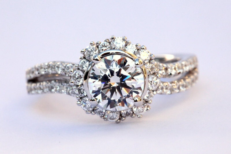 CUSTOM Made For YOU - 1.60 carat Round - Halo - Pave - Antique Style - Diamond Engagement Ring 14K white gold - Weddings- Luxury- Brides