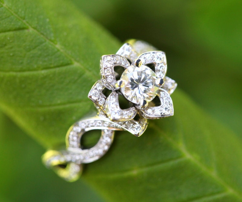 LOVE IN BLOOM - Ready to Ship - Flower  Lotus Rose Diamond Engagement or Right Hand Ring - 14k white Size 7 -fL03