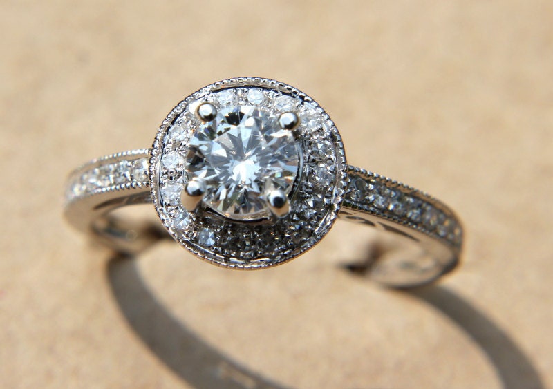 HALO Round Diamond Engagement Ring - .67 cttw - 1/2 carat center - 14K White Gold - Antique Style - Pave - weddings - brides