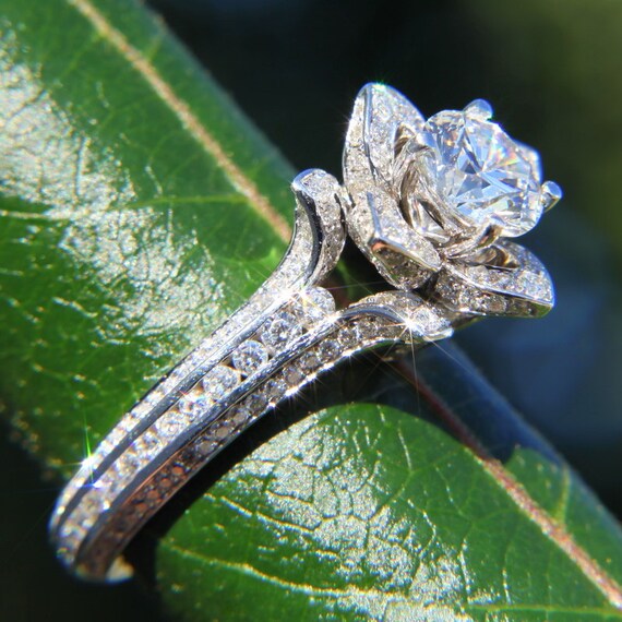 UNIQUE Flower Rose Diamond Engagement or Right Hand Ring - 2.25 carat - 14K white gold - wedding - brides - fL01