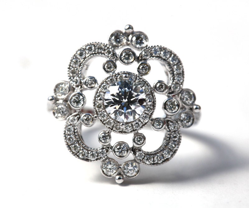 DUCHESS - Platinum - Floral - Round Diamond Engagement Ring or RIGHT Hand Ring - Weddings- Brides - Luxury - Bp0012
