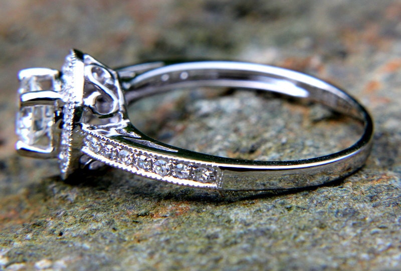HALO Round Diamond Engagement Ring - .67 cttw - 1/2 carat center - 14K White Gold - Antique Style - Pave - weddings - brides