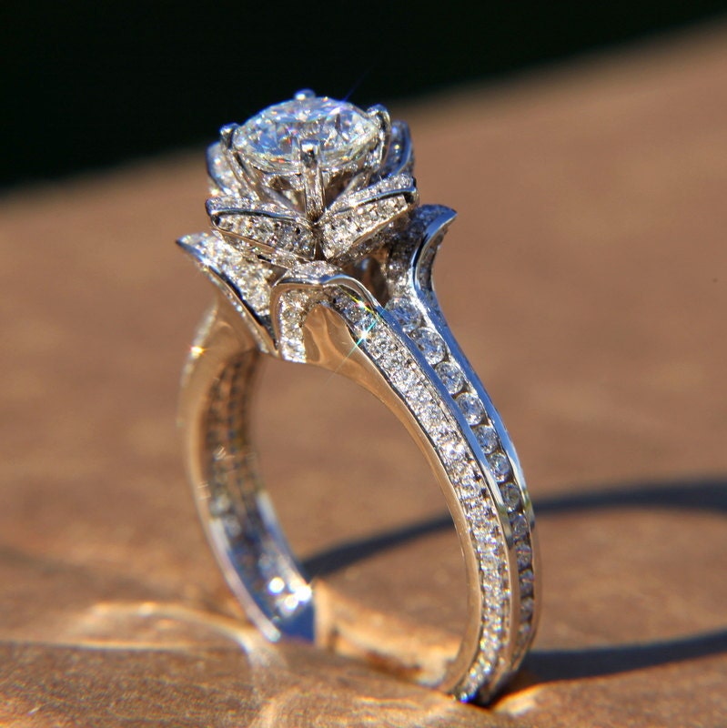 UNIQUE Flower Rose Diamond Engagement or Right Hand Ring - 2.20 carat - 14K white gold - wedding - brides - fL01
