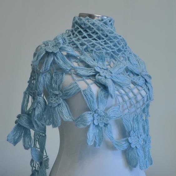 SUPER SALE Blue Handmade Flower Mohair Triangle Shawl