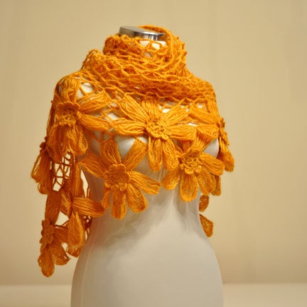 SUPER SALE Yellow Handmade Flower Mohair Triangle Shawl