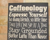 Kitchen COFFEEOLOGY, Hand Painted Primitive Wood Sign, Typography, Subway Art, Kitchen, Dawnspainting, Home Decor