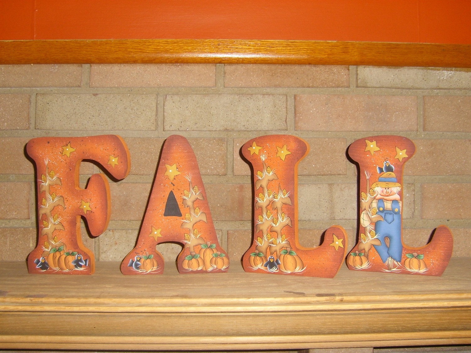 Large Fall Letters, Primitive  Handpainted wood Shelf Sitter, Scarecrow