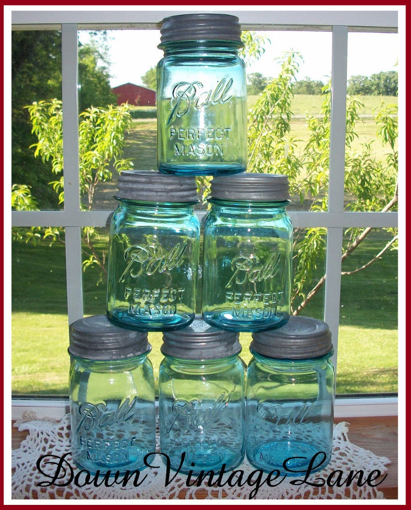 6 Blue Ball Jars PINT Size with Zinc Lids