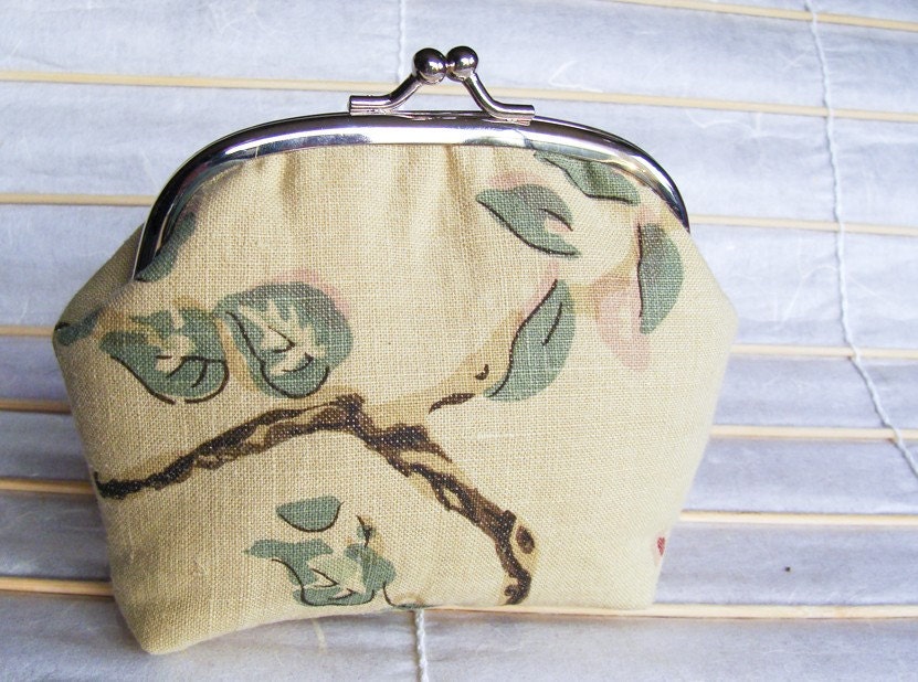 Mindy Clutch - Medium - Linen with Blue Leaves on Brown Branches (Upcycled Materials)