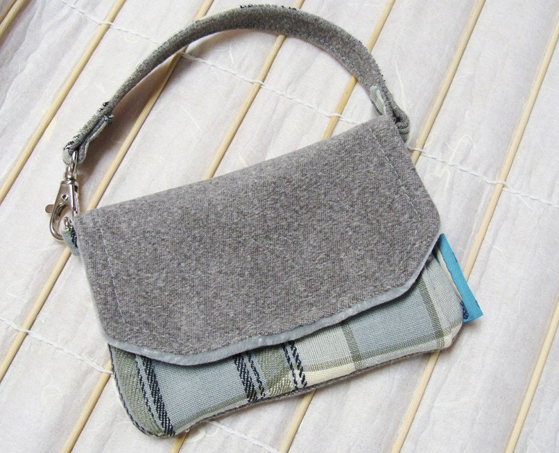 Kyrie Cell Phone Purse - Blue Plaid and  Gray Wool with Velvet (Upcycled Materials) - CuppaFog