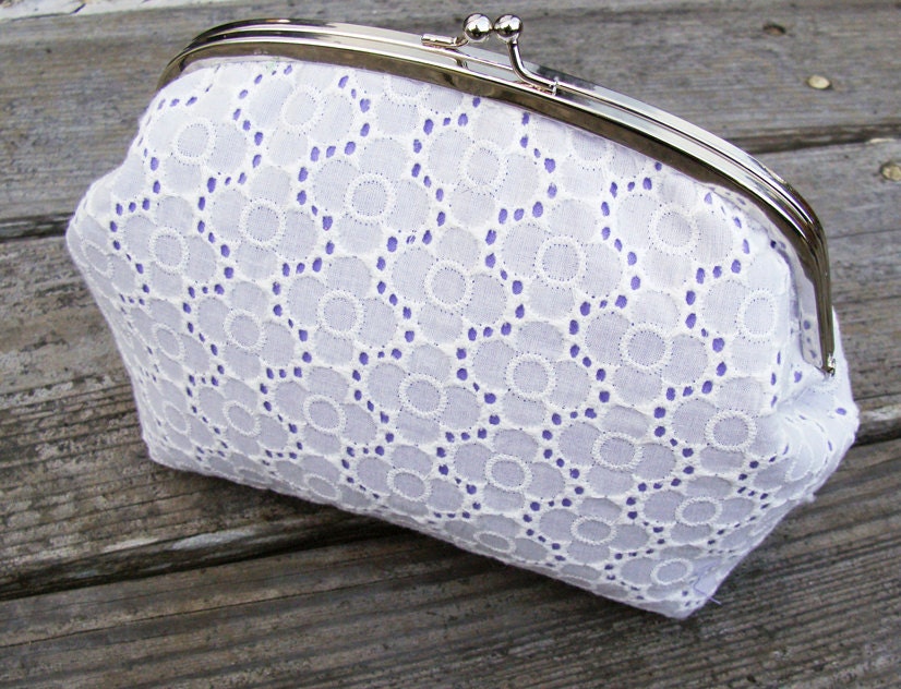Mindy Clutch - Large - White Eyelet with Purple Underlay