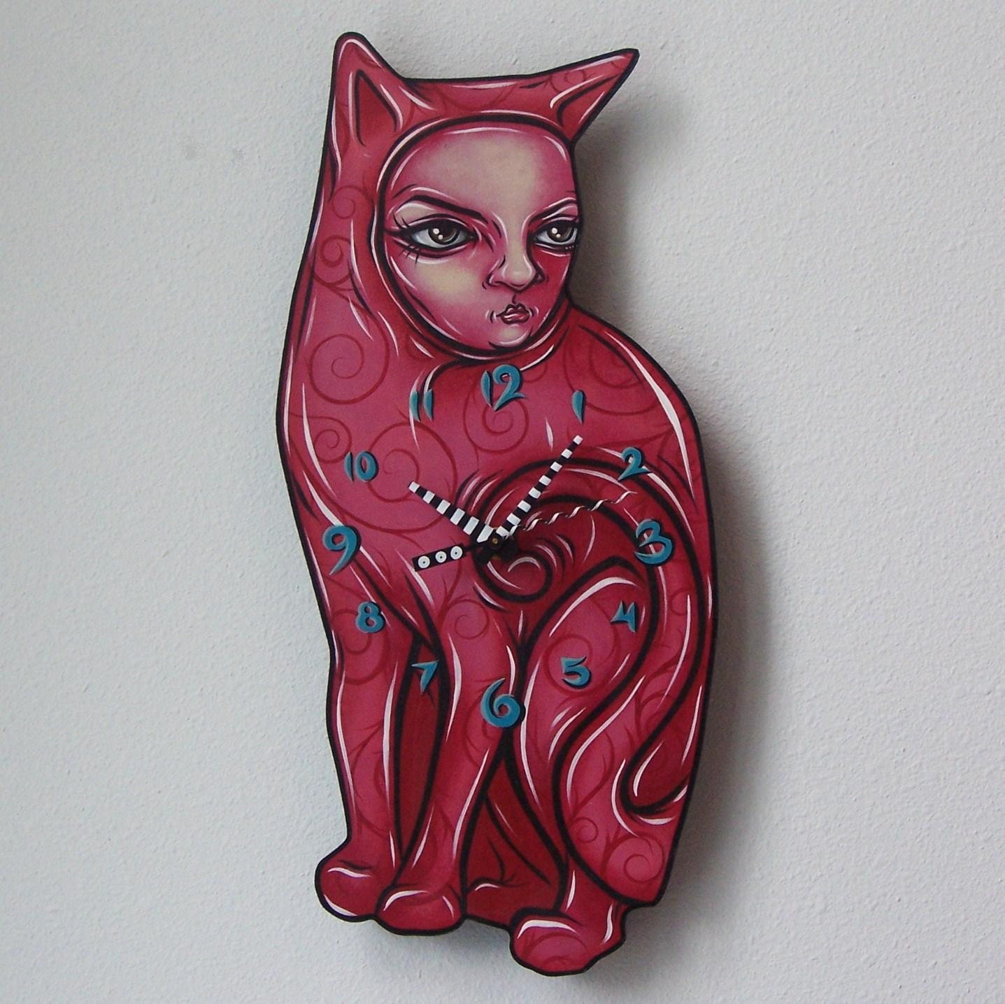 Pinky Red Floral Cat Girl Original Art Clock