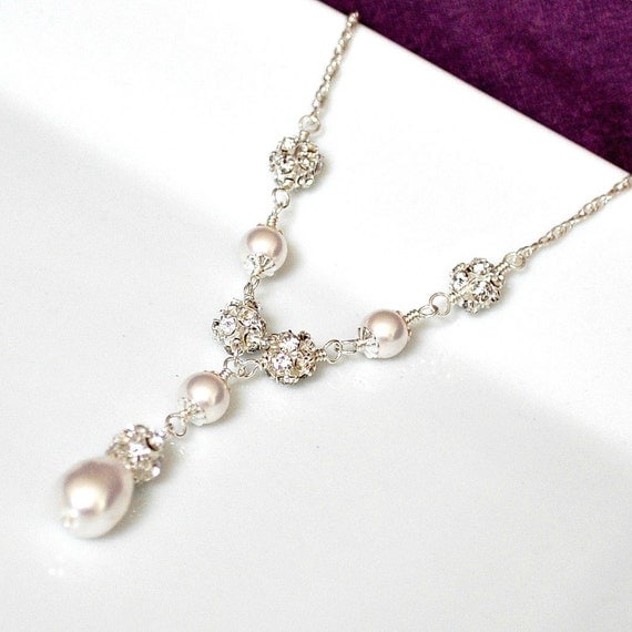 Bridal Necklace, Pearl Bridal Necklace, Swarovski Bridal Jewelry, Art Deco Y-Necklace