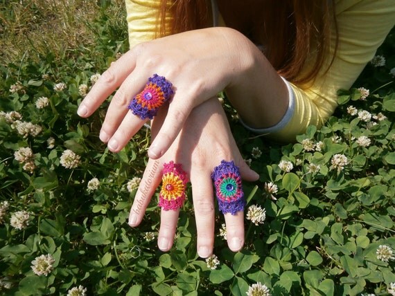Crochet Ring - Multicolor Orange / Yellow / Pink Mandala With Pink Bead And Red Sequin